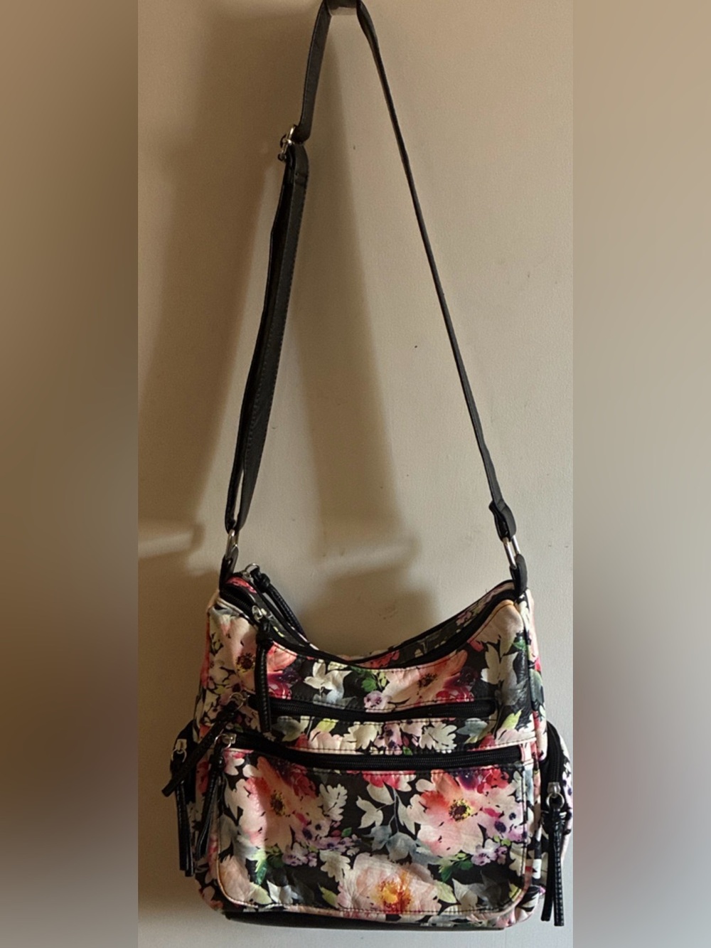 Bueno of California Washed Double Zip Crossbody Hobo Pink Floral Print 12x10”